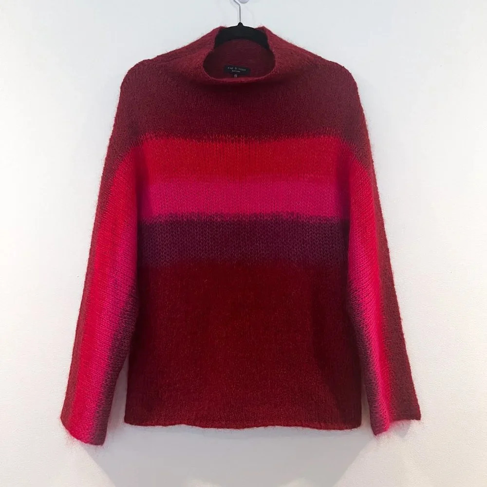 Rag & Bone Alpaca Wool Mohair Blend Red Striped Mock Neck Oversized Sweater XS - Picture 2 of 7